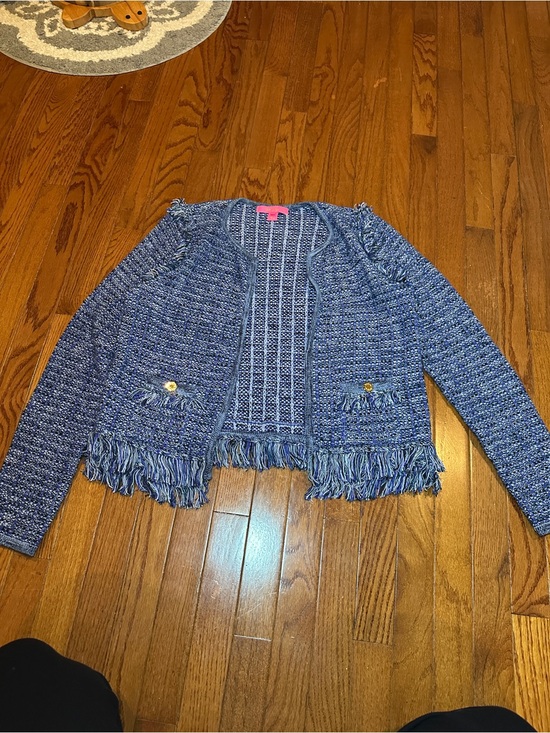 Lilly Pulitzer Jackets & Blazers - EUC Lilly Pulitzer Blue Tweed Fringe Open-front Blazer - M